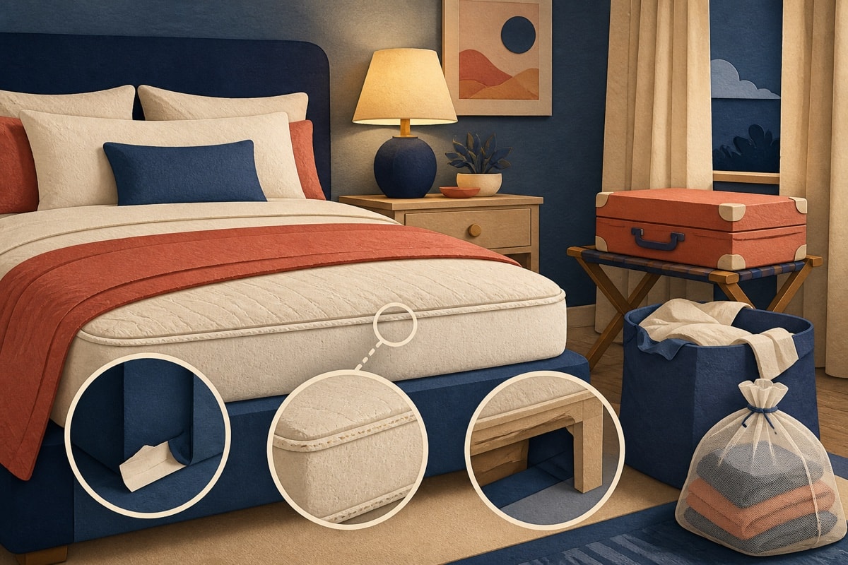 Illustration of a bedroom prepared for mattress and luggage inspection