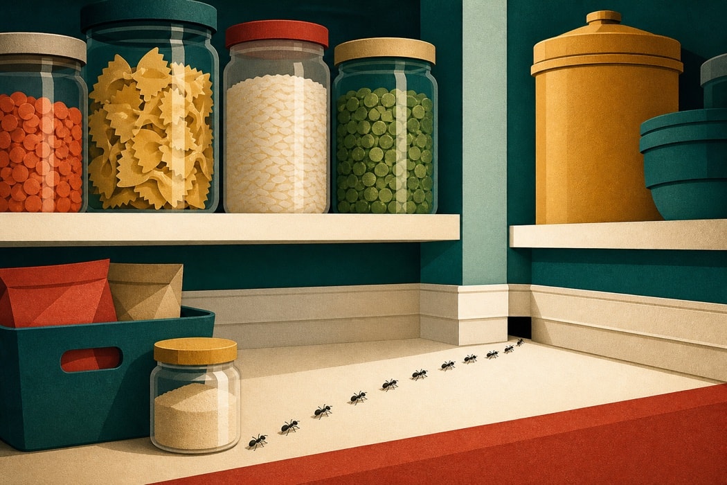 Illustration of an ant trail in a clean pantry