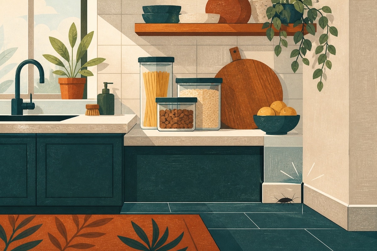 Illustration of a clean kitchen with stored food and closed access gaps