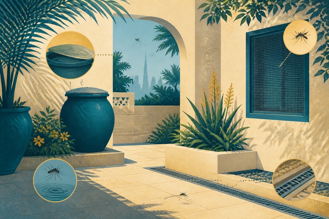Illustration of a clean courtyard with dry drainage and screened openings