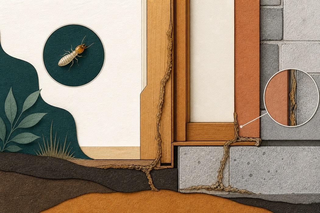 Illustration of possible termite signs around masonry and timber trim
